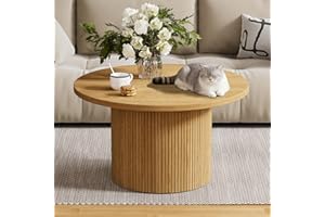 Furniway Round Coffee Table, 35.4" Circle Wide Coffee Table, Wood Table and Center Table for Living Room, Natural