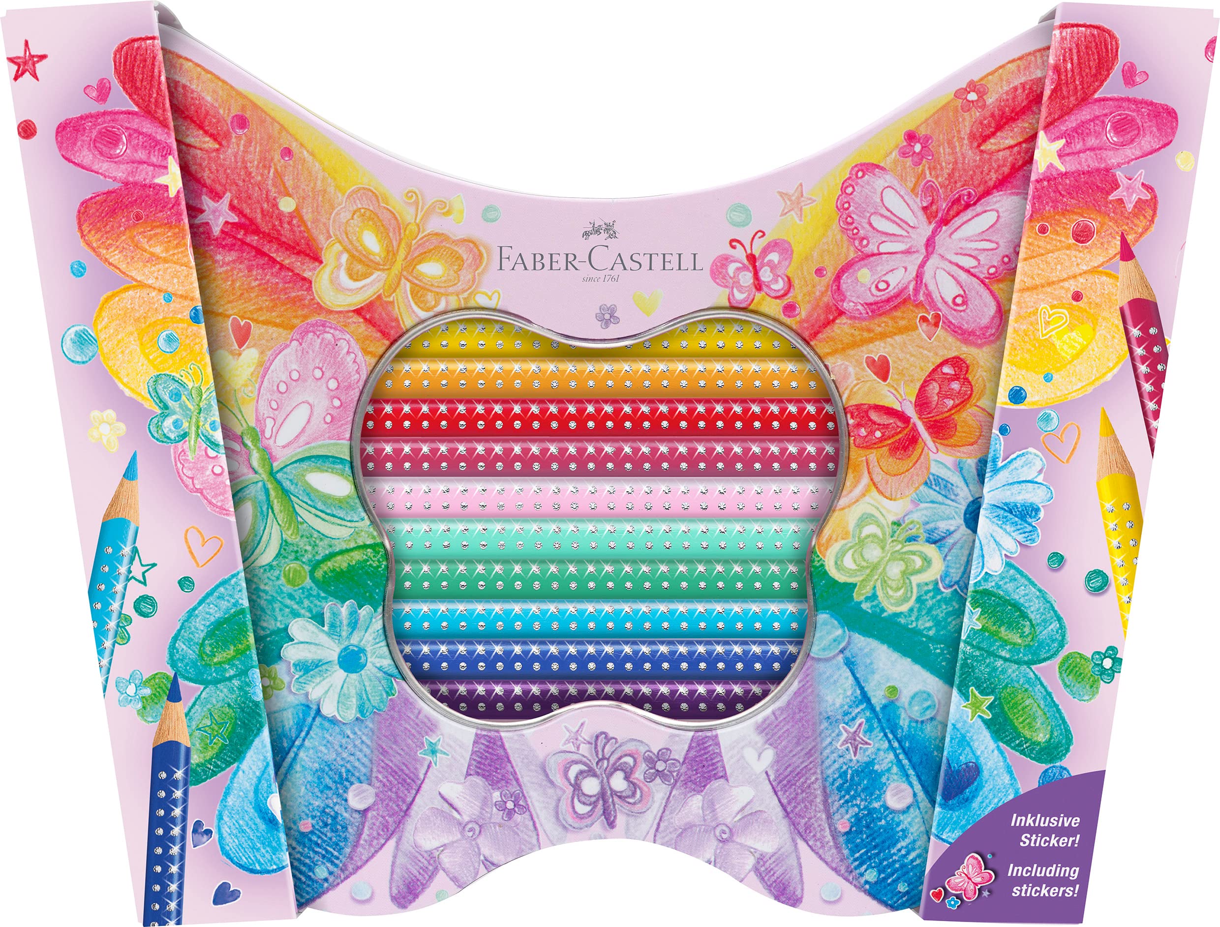 Faber-Castell Gift Set - Sparkle Colouring Pencils in Butterfly Shape Tin - 20 x Pencils inc Stickers