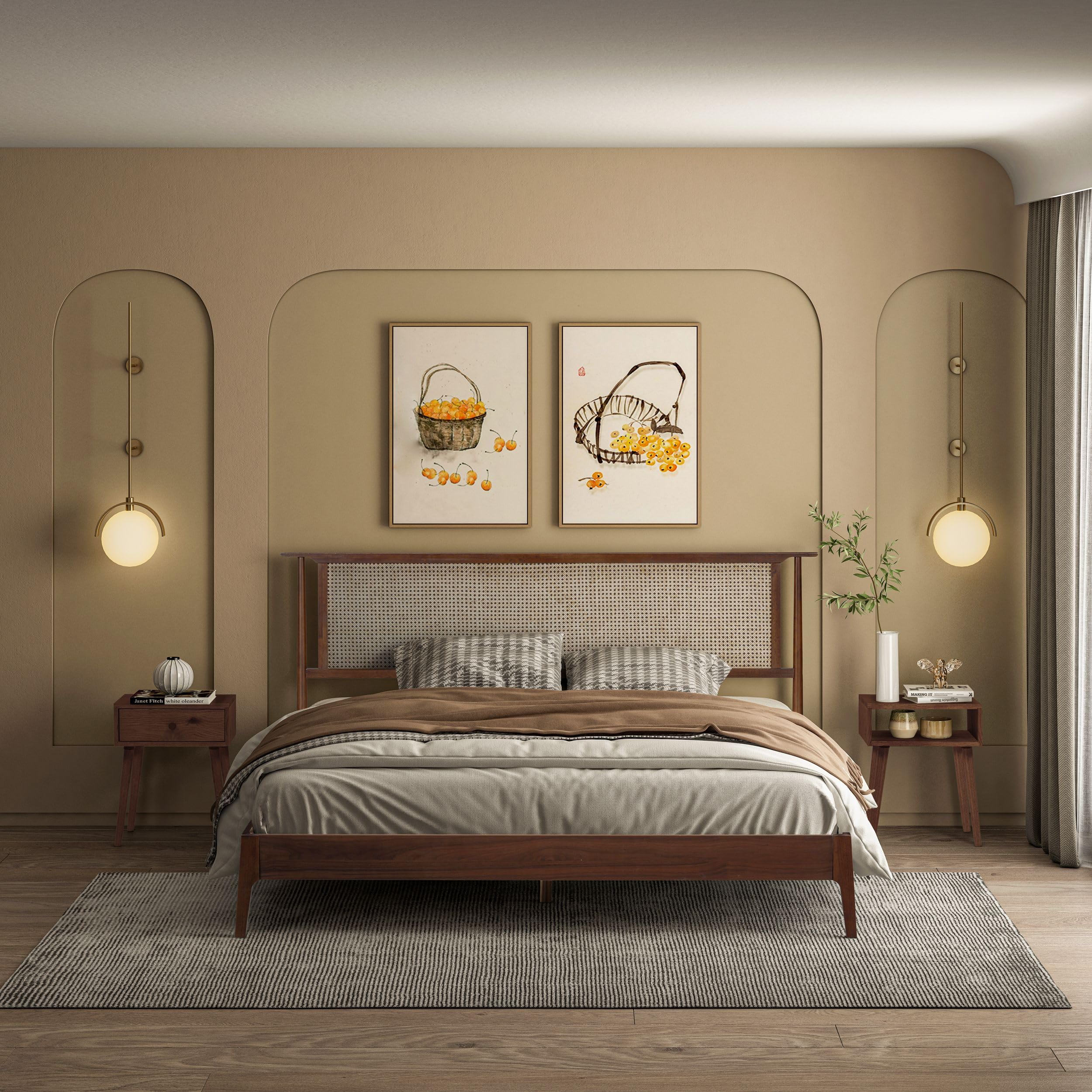 Photo 1 of ***MISSING ALL HARDWARE, TRUCK/TRAILER PICKUP ONLY*** NTC Ruby Wooden Bed Frame with Headboard and Natural Rattan, Solid Oak/Rubber Wood Foundation with Silent Slats, 1000 Lb Capacity, Effortless Assembly (Natural Cane - Dark Walnut, King)