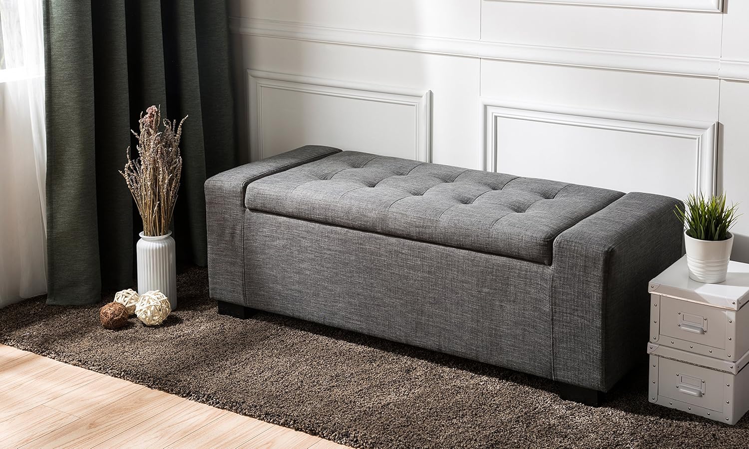 First Hill Calida Rectangular Storage Ottoman Bench with Fabric Upholstery, Large - Anchor Grey: Kitchen & Dining