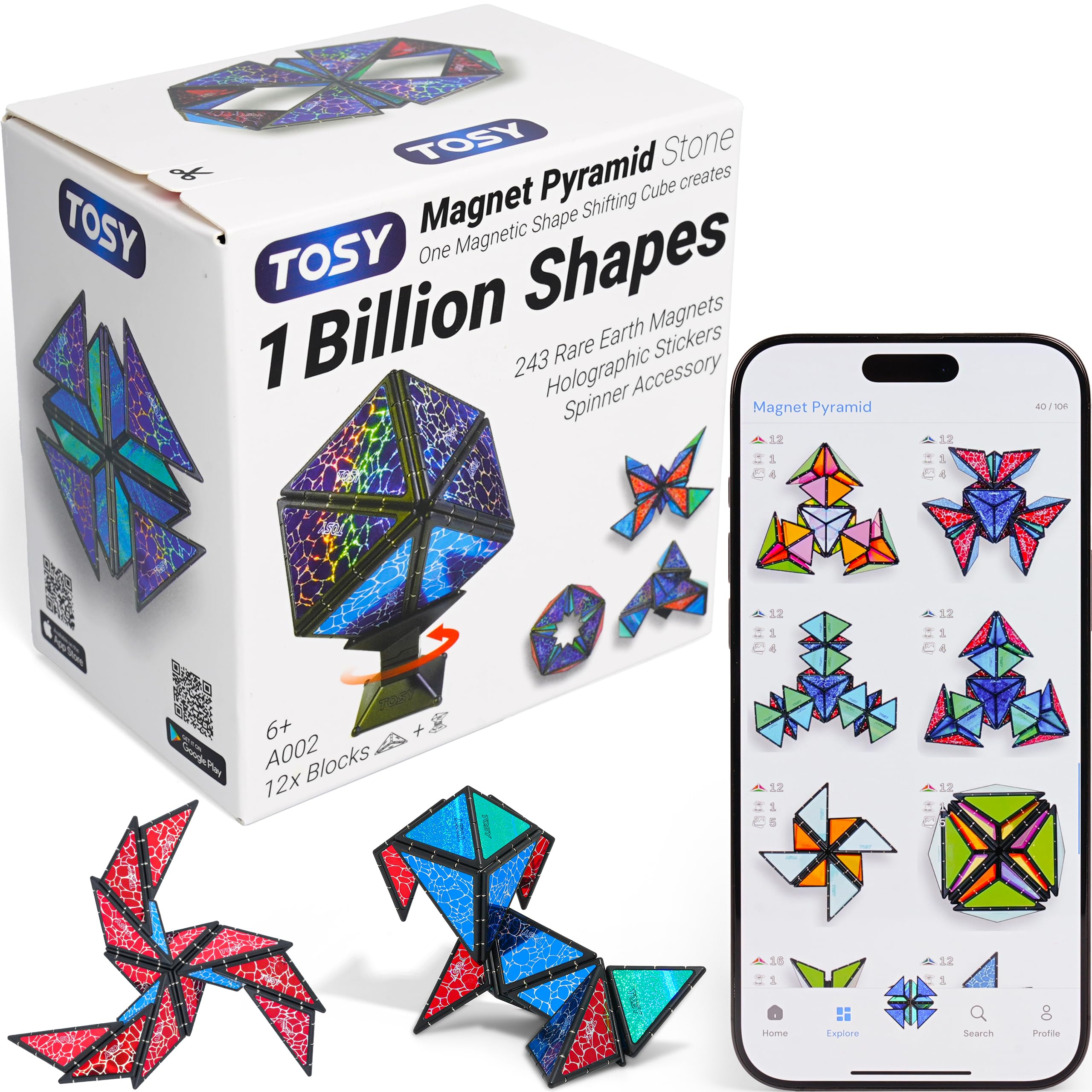 TOSY Magnet Pyramid Stone - 1 Cube Transforms into 1 Billion Shapes, 14 pcs (12 Puzzle pcs and 2 Spinners), 243 Rare Earth Magnets, Christmas Stocking Stuffers Gift for Kids, Creative Puzzle STEM Toy