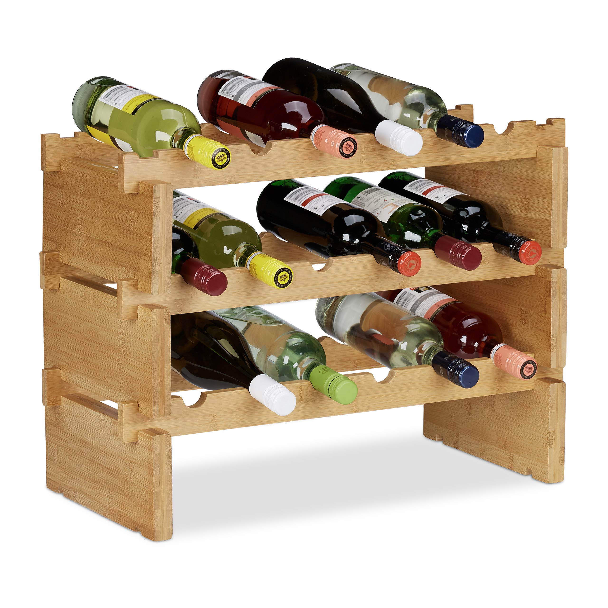 Relaxdays Stackable Wine Rack, Bamboo Holder for 18 Wine Bottles, Extendable, 3-Tier, Natural