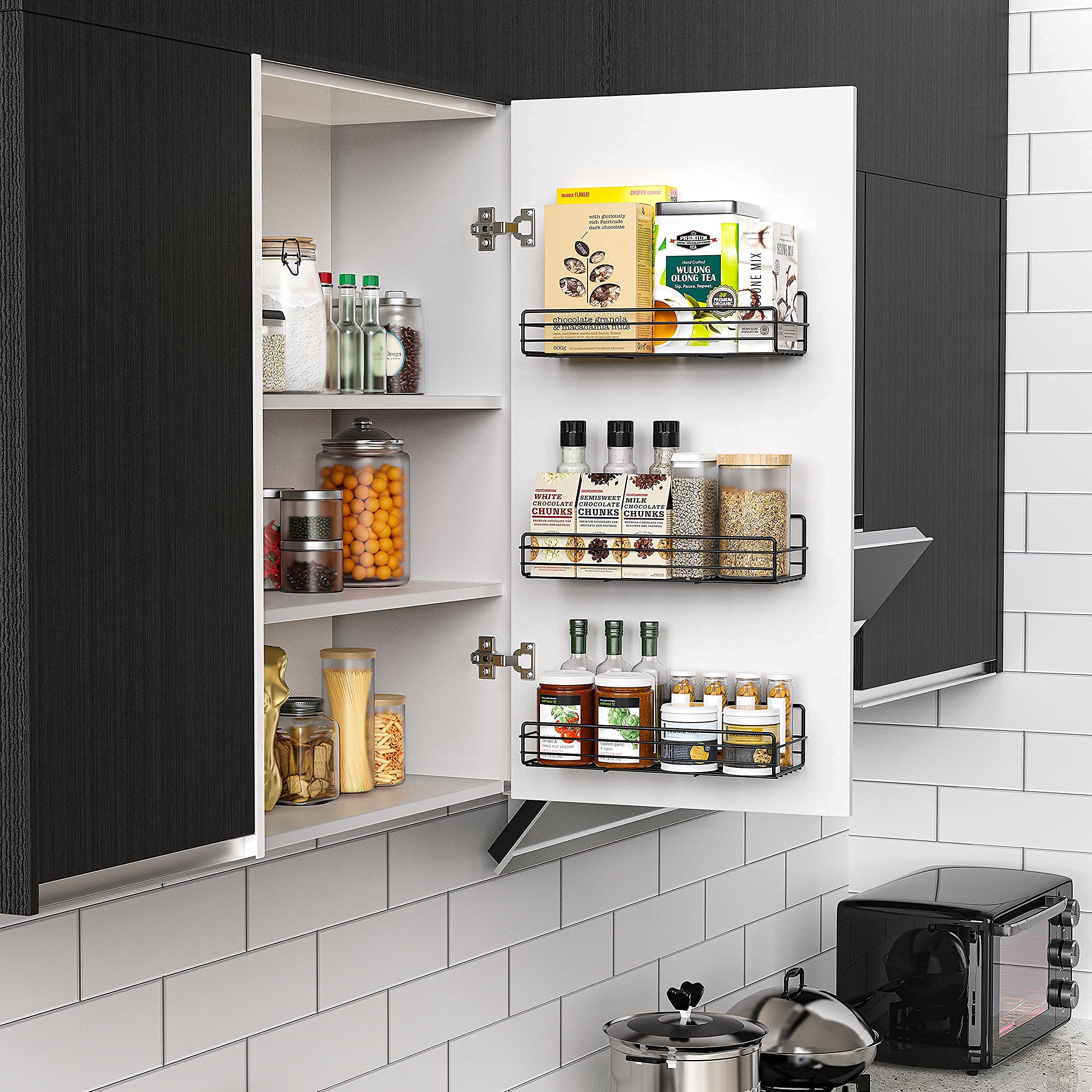 Moforoco Spice Rack Organizer Wall Mount (6Pack), Hanging Black Spice Pantry Organization Storage Shelf, Farmhouse Seasoning Organizer, Flexible Wall Shelves, Kitchen Essentials Home Decor