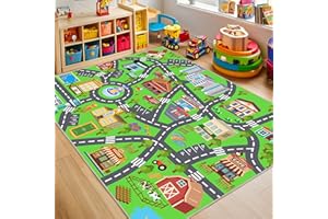 OHDS Kids Room Rug - Soft & Non-Slip 4x5 Ft Town Car Rug City Map Play Mat, Childrens Road Catpet Washable Rug for Classroom Nursery Bedroom Boys