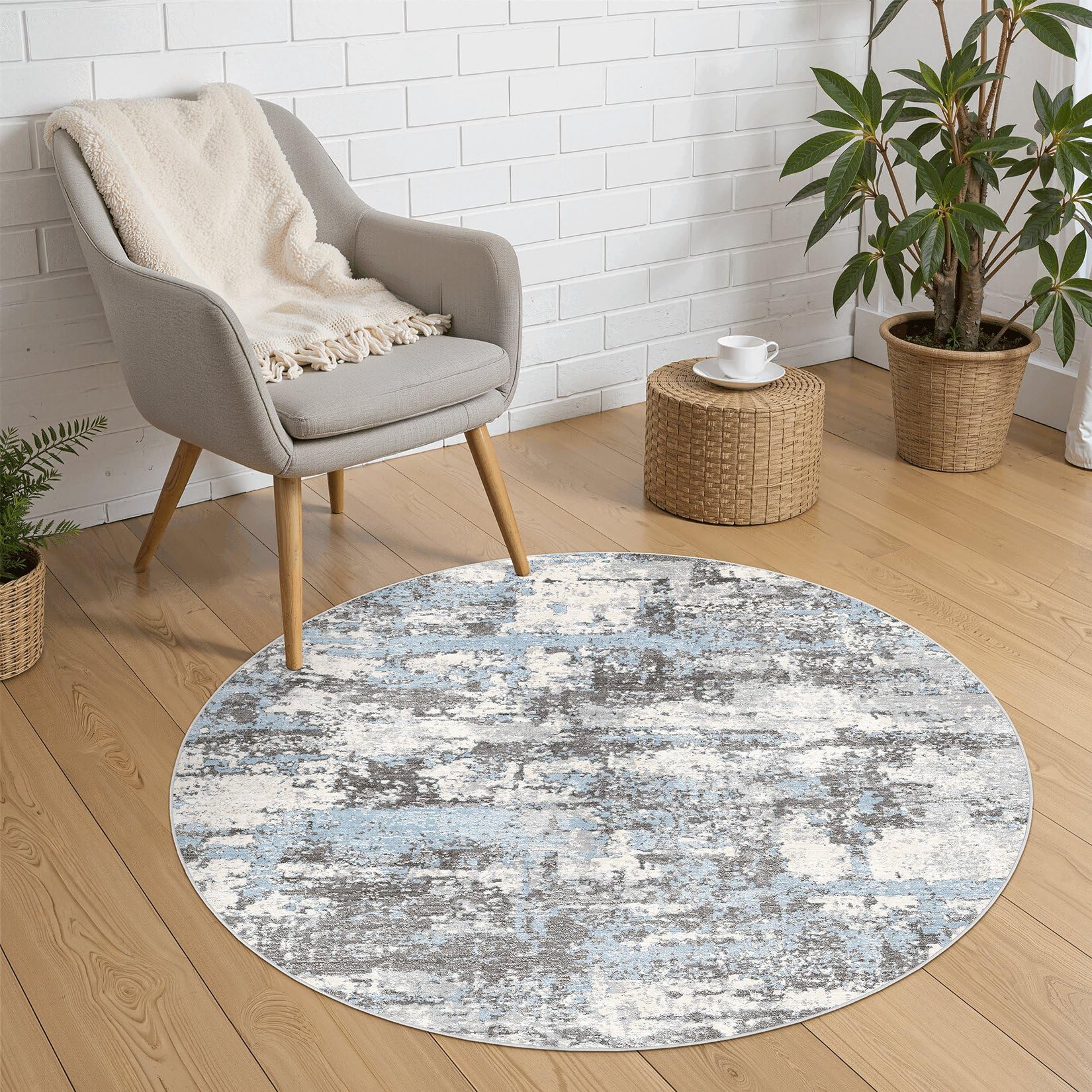 4ft Round Area Rugs for Living Room: 4x4 Abstract Washable Rug Modern Large Soft Stain Resistant Non-Slip Backing Machine Table for Bedroom Dining Room Indoor Home Office Carpet - Blue Grey Image