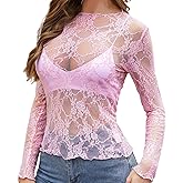 Enyprok Women's Mesh Top Long Sleeve Mock Neck Sheer Blouse See Through Floral Lace Tops