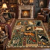 JXYT 5x7 Cat Area Rug for Living Room, Brown Patchwork Vintage Farmhouse Style with Colorful Accents, Washable Non Slip Stain Resistant Soft Carpet