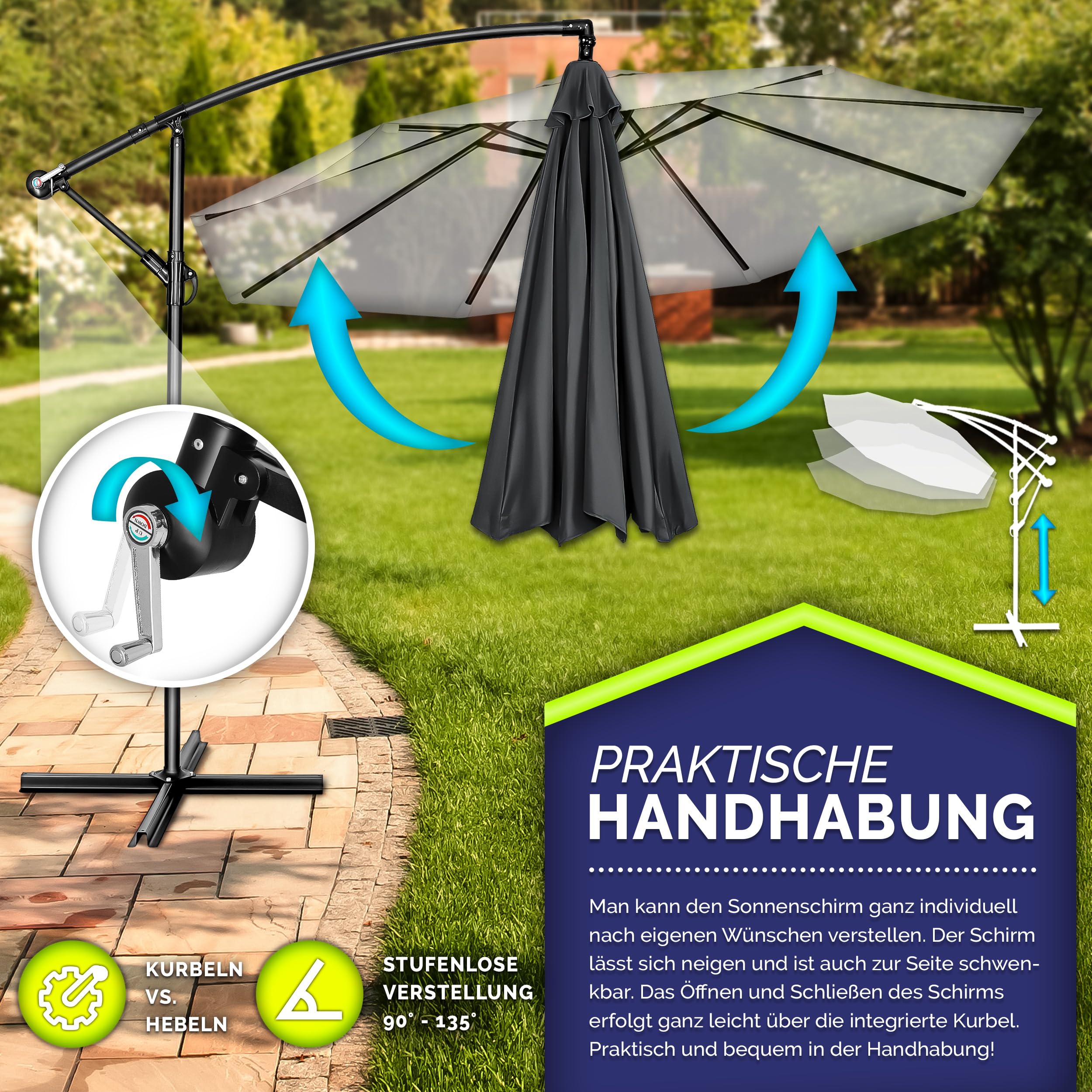 tillvex Alu Sonnenschirm + Abdeckung Ø 300 cm mit Kurbel | Ampelschirm mit Ständer & Windschutz | Gartenschirm UV-Schutz Aluminium | Kurbelschirm Marktschirm wasserdicht 360° drehbar Anthrazit 3