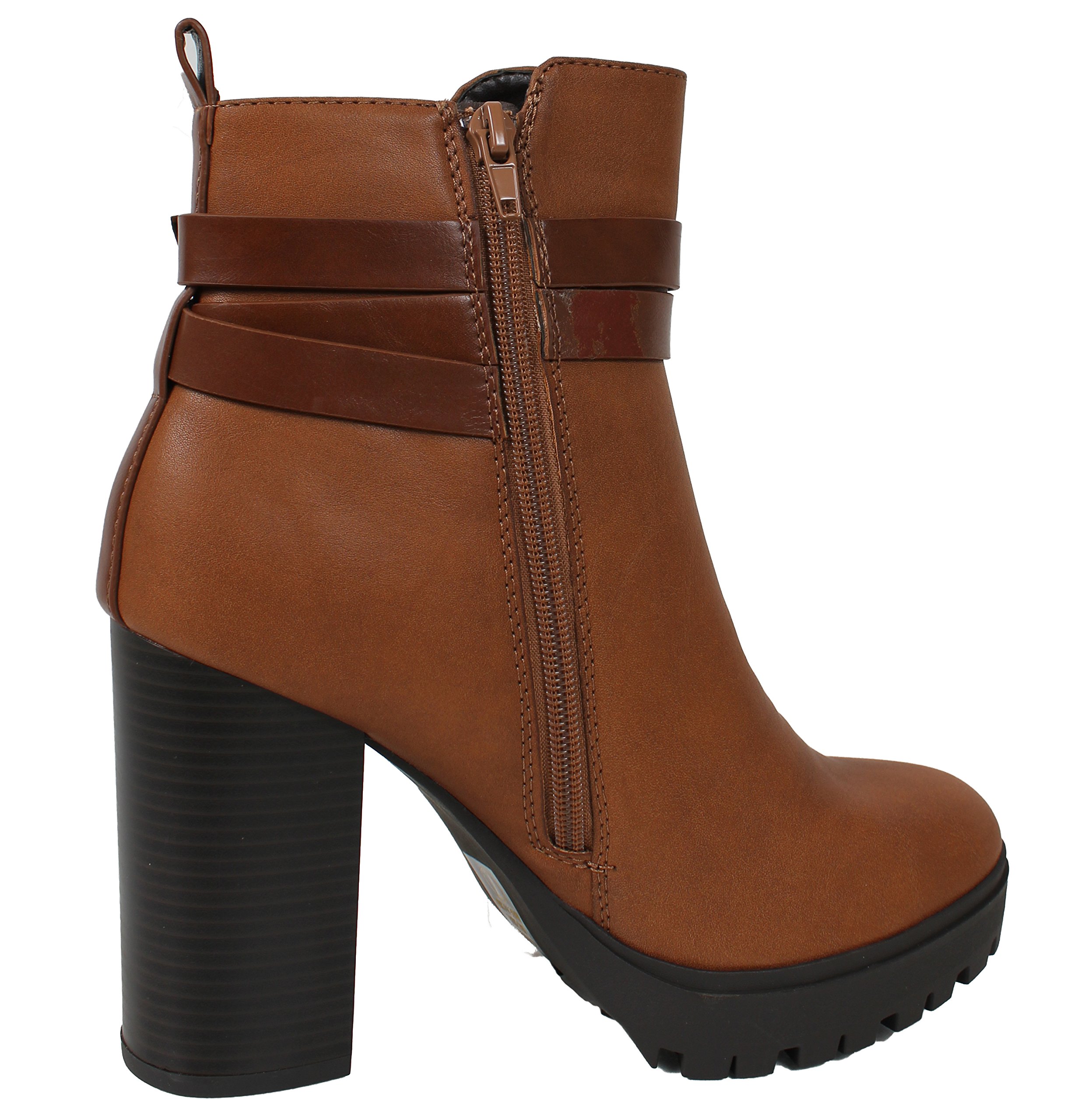City Classified Women's Strappy Lug Platform Stacked Block Heel Ankle Bootie Cognac - Image 5