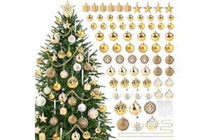 OUDDY DECOR 83 Pcs Gold Christmas Ornaments Decorations Set, Glitter Shatterproof Christmas Balls Decorative Hanging Baubles for Christmas Tree Wreath Garland Holiday Wedding Home Decor, Gold
