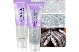 LINWULTE Holographic Face Glitter Gel, 120ml Body Shimmer Makeup for for Hair, Face, Arm, Nail, Eyeshadow, 2 Jars Long Lasting Waterproof Iridescent Sequins Party Glitter for Rave Festival (White & Silver)