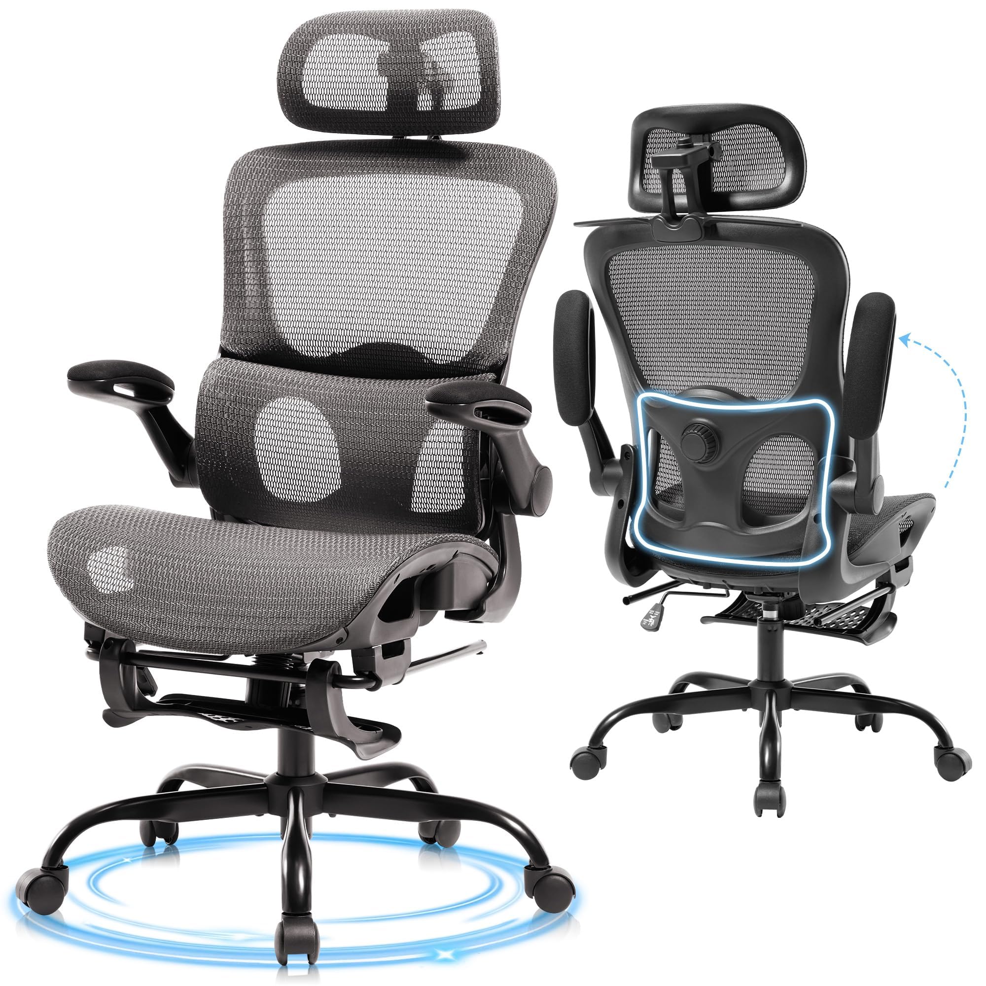 View 1 of ***AS IS - NO RETURNS - SALE FINAL - FOR PARTS ONLY*** Ergonomic Office Chair, Adjustable High Back Desk Chair with Headrest Footrest 2D Lumbar Support - Executive Breathable Mesh Comfy Swivel Rolling Reclining Computer Task Chairs for Home Office Gaming