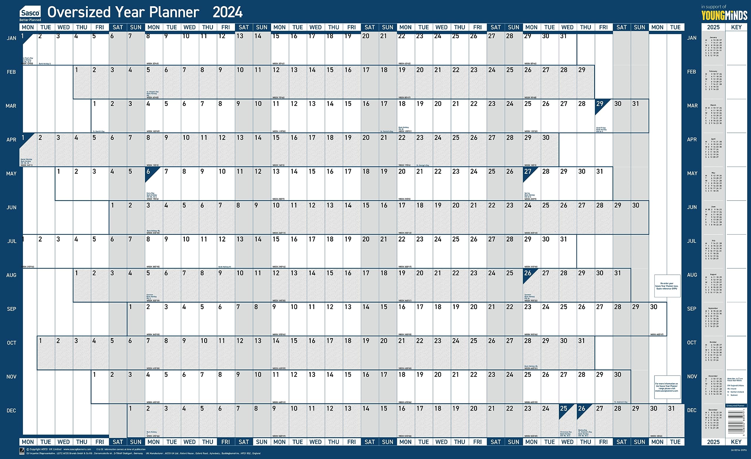 Sasco 2024 Oversized Yearly Wall Planner Set, Large Whiteboard Style Dry Erase Calendar, with Dry Erase Pen & Stickers, Blue, 1100 x 610mm 2410216