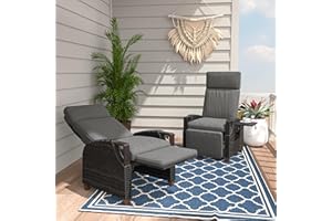 Grand patio Outdoor Recliner Air Pump 150° Lay Flat Reclining Chair with Independent Adjustable Back and Footrest Removable Olefin Cushion Flip-Up Table Wicker Grey 2PCS