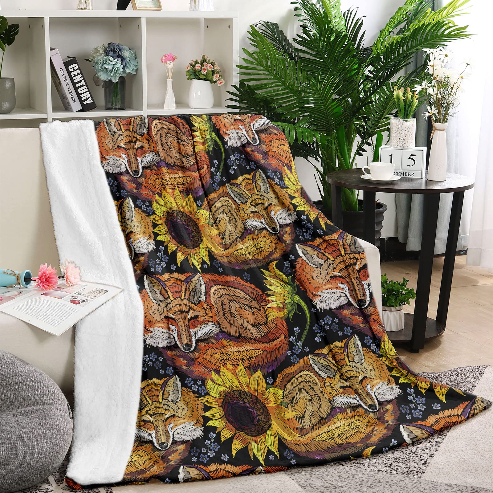 Lingqiang Fox Sunflower Throw Blanket for Women, Soft Embroidery Floral Plush Flannel Kids Teen, Cozy Fluffy Girls Gifts Couch Bed Sofa Bedroom, 130 x 150 cm, Black