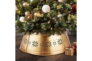 AWENDIETOU Christmas Tree Collar and Skirt Set - 23" Festive Holiday Decor with Gold Metal Tree Collar Base Stand - Ideal for Real or Artificial Trees - Christmas Skirt Tree Basket Decorations Gift Gold Snow