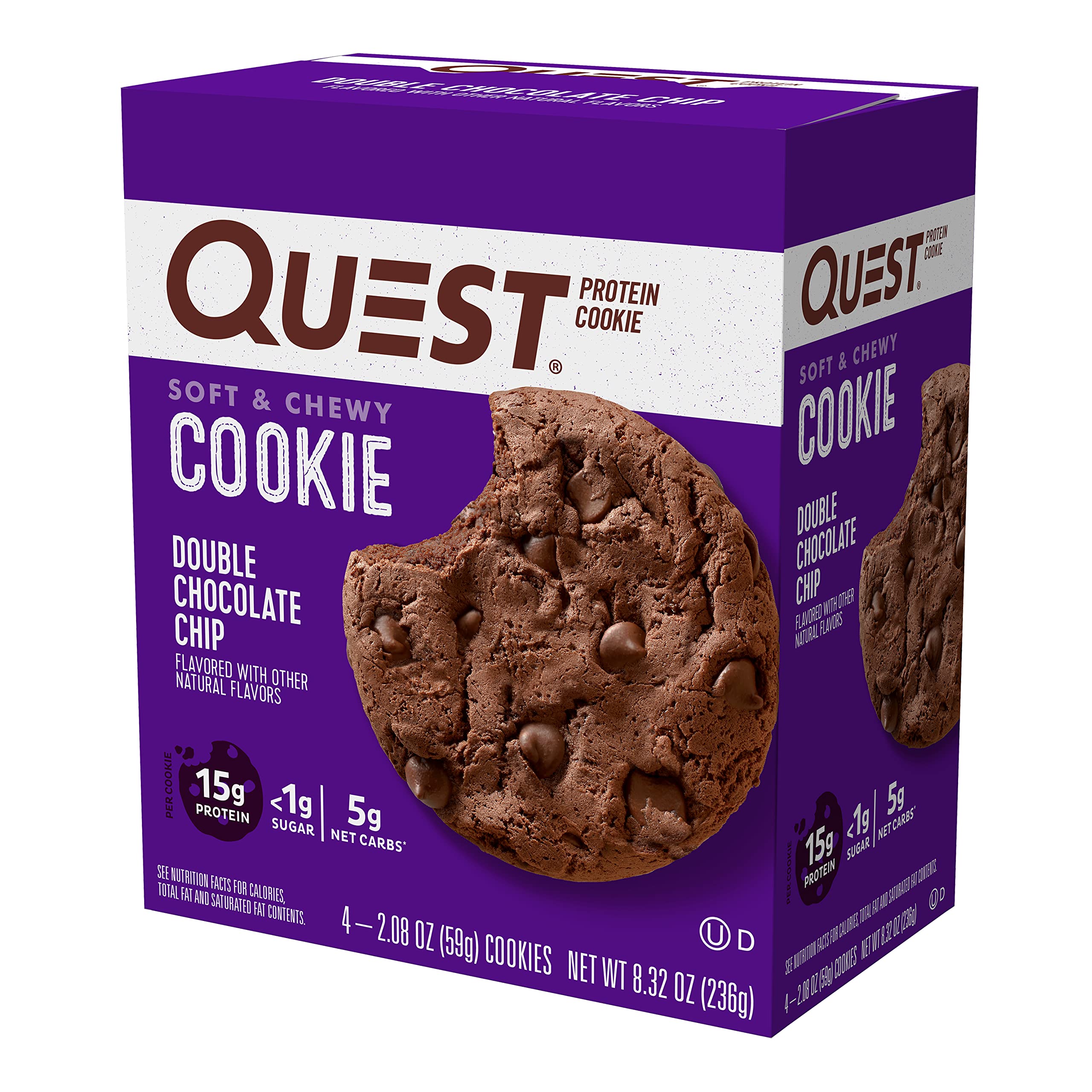 Quest Nutrition Double Chocolate Chip Protein Cookie, 15g Protein, 1g Sugar, 3g Net Carbs, Keto Friendly, High Protein, Low Carb; 4 Count