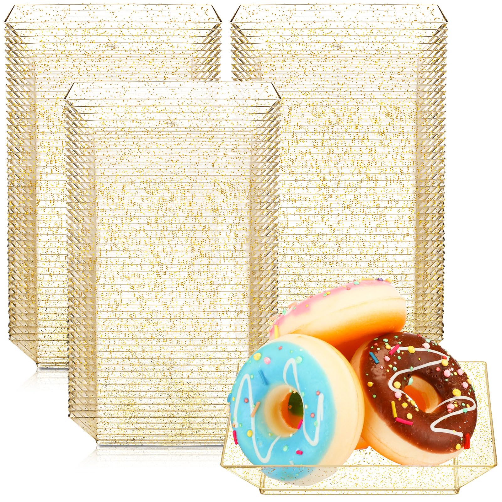 Photo 1 of Zhehao 100 Pcs Clear Plastic Dessert Appetizer Plates, 3.6 x 3.6 Inch Disposable Small Square Plastic Dessert Cake Plates for Wedding Cake Appetizer Parties Reception(Gold Clear)
