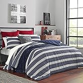 Nautica - Queen Comforter Set, Soft & Reversible Cotton Bed Set for Year Round Comfort, 3 Piece Striped Bedding with Matching Pillowcases (Craver Navy)