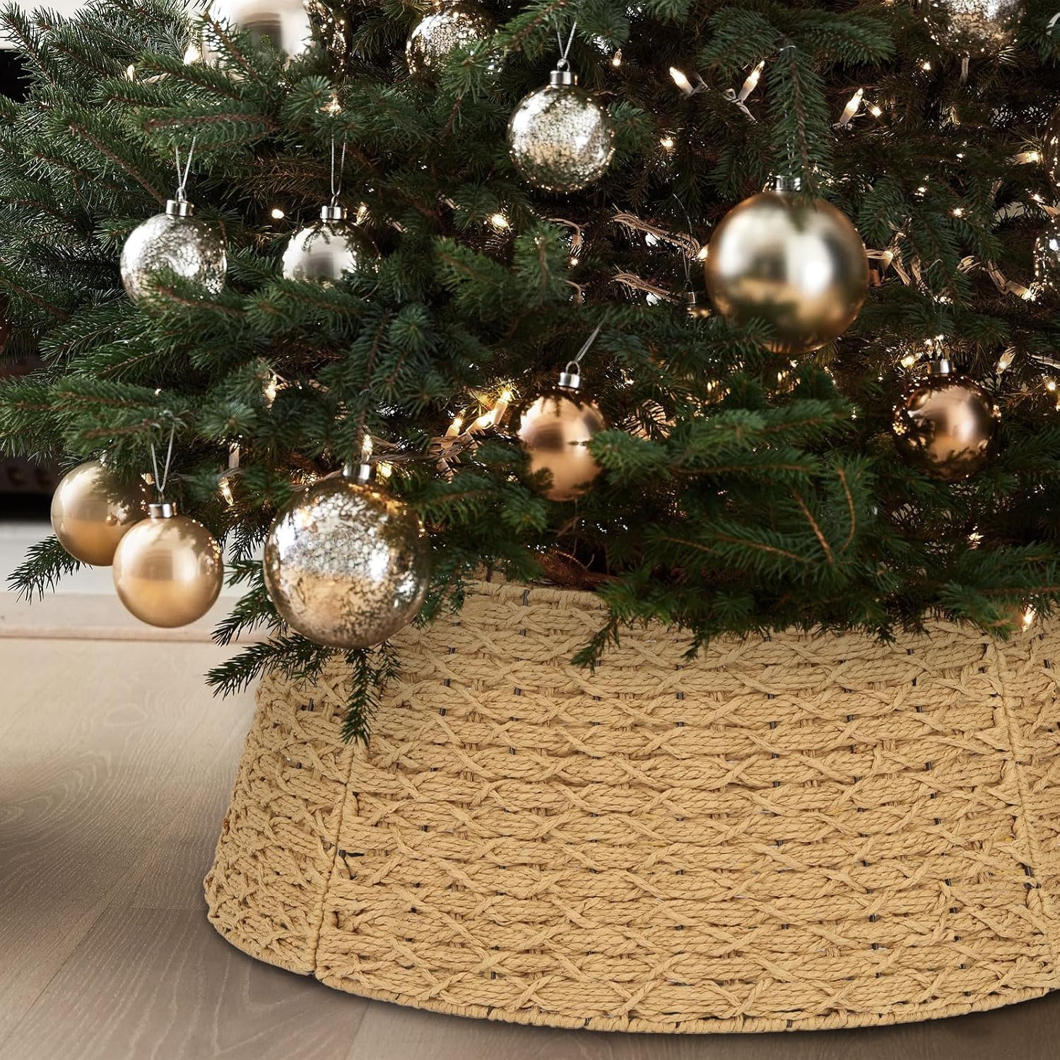 Tree Stands - Christmas Tree Collar, 23.5’’ D Handmade Paper Grass Christmas Stand Tree Collar Basket Base Cover for Holiday Decoration