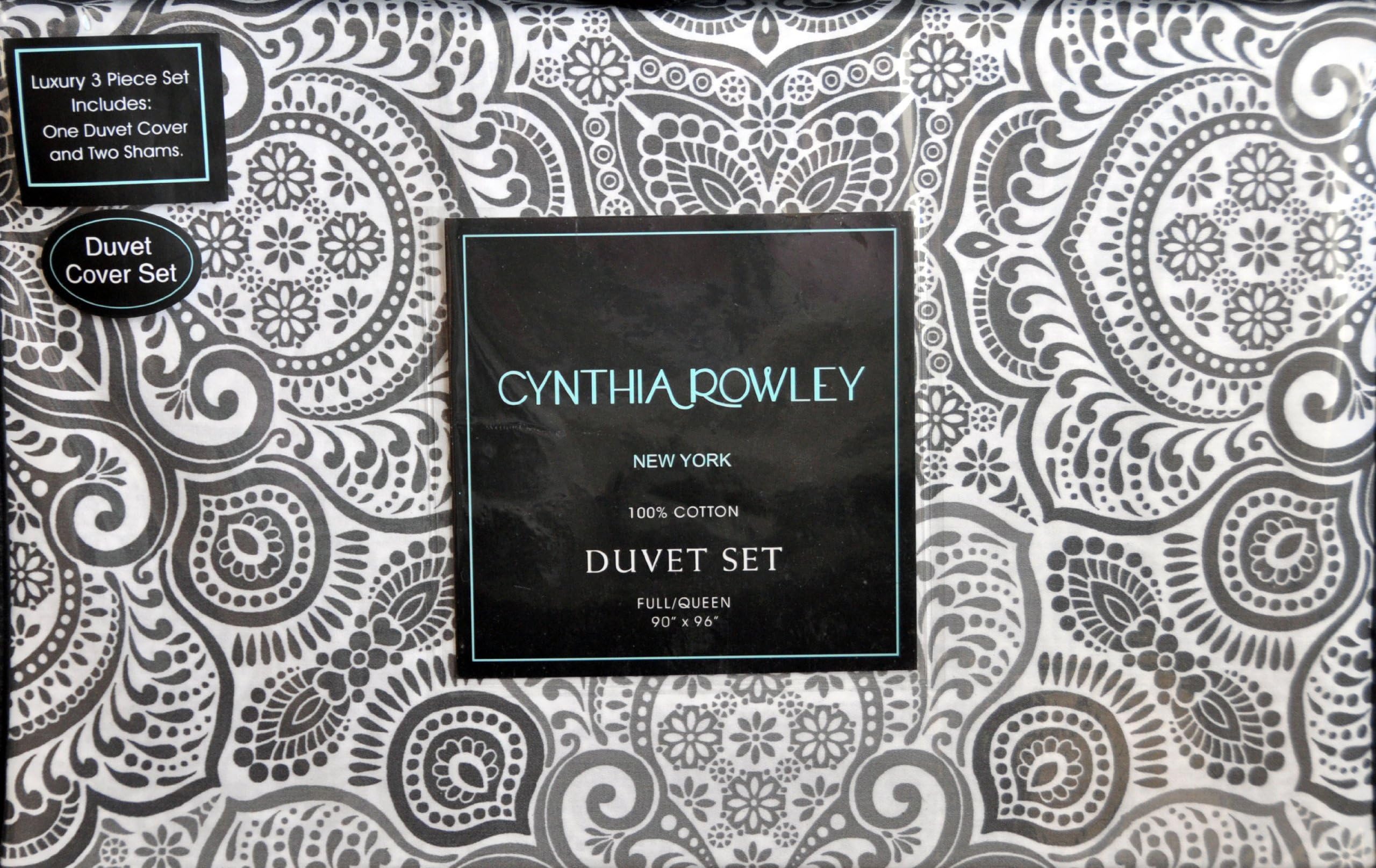Cynthia Rowley 3pc FULL / QUEEN Duvet Cover Set Gray Paisley Geometric Pattern on White