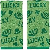 SKL Home St. Patrick's Day Lucky Jacquard 100% Cotton 2pc Hand Towel Set, Reversible & Decorative for Bath/Kitchen/Bar & Gift, Green