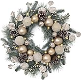 Valery Madelyn 20'' Pre-Lit Christmas Wreath for Front Door with Lights, Lighted Christmas Door Wreath with White Gold Xmas Balls Norfolk Pine Branches for Home Porch Fireplace Window Holiday Decor