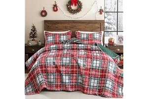 FROZZUR Christmas Quilt Set King Size - Red Plaid Lightweight Winter Quilted Bedspread - Soft Patchwork Christmas Bedding for Gift, Cozy Holiday Bedroom Décor
