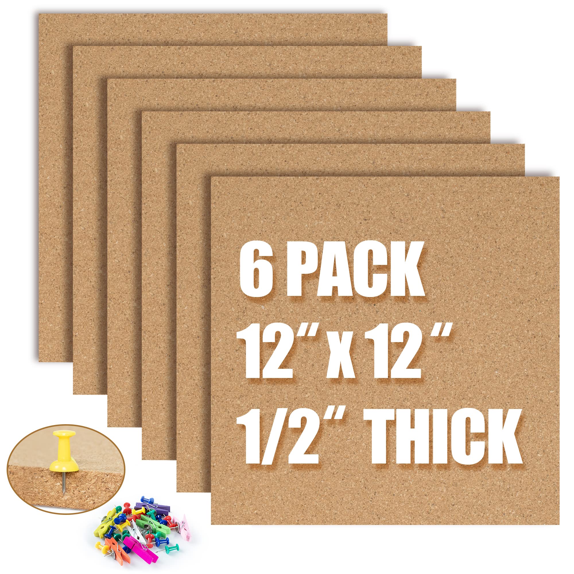 Photo 1 of *** MISSING PUSH PINS **** AKTOP Cork Board Bulletin Board 12x12, 1/2" Thick Cork Board Tiles 6 Pack, Small Square Pin Board for Wall, Self Adhesive Corkboards with 60 Push Pin Wood Clips for School, Home & Office