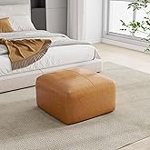 DREAMSIDEA Square Genuine Leather Ottoman, Button Tufted Coffee Table Ottoman with Legs, Upholstered Footrest Stool for Livin