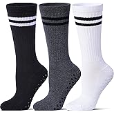 Toetally Pilates Grip Socks for Women,Striped Yoga Non Slip Cushioned Long Socks for Barre, Dance, Workout 3 Pairs