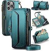 Strapurs Wallet Case Compatible with iPhone 15 Pro Max RFID Blocking 10-Card Holder Soft PU Leather Magnetic Snap Shoulder Strap Zipper Pocket Phone Case Fit for iPhone 15 Pro Max 6.7" - Blue Green