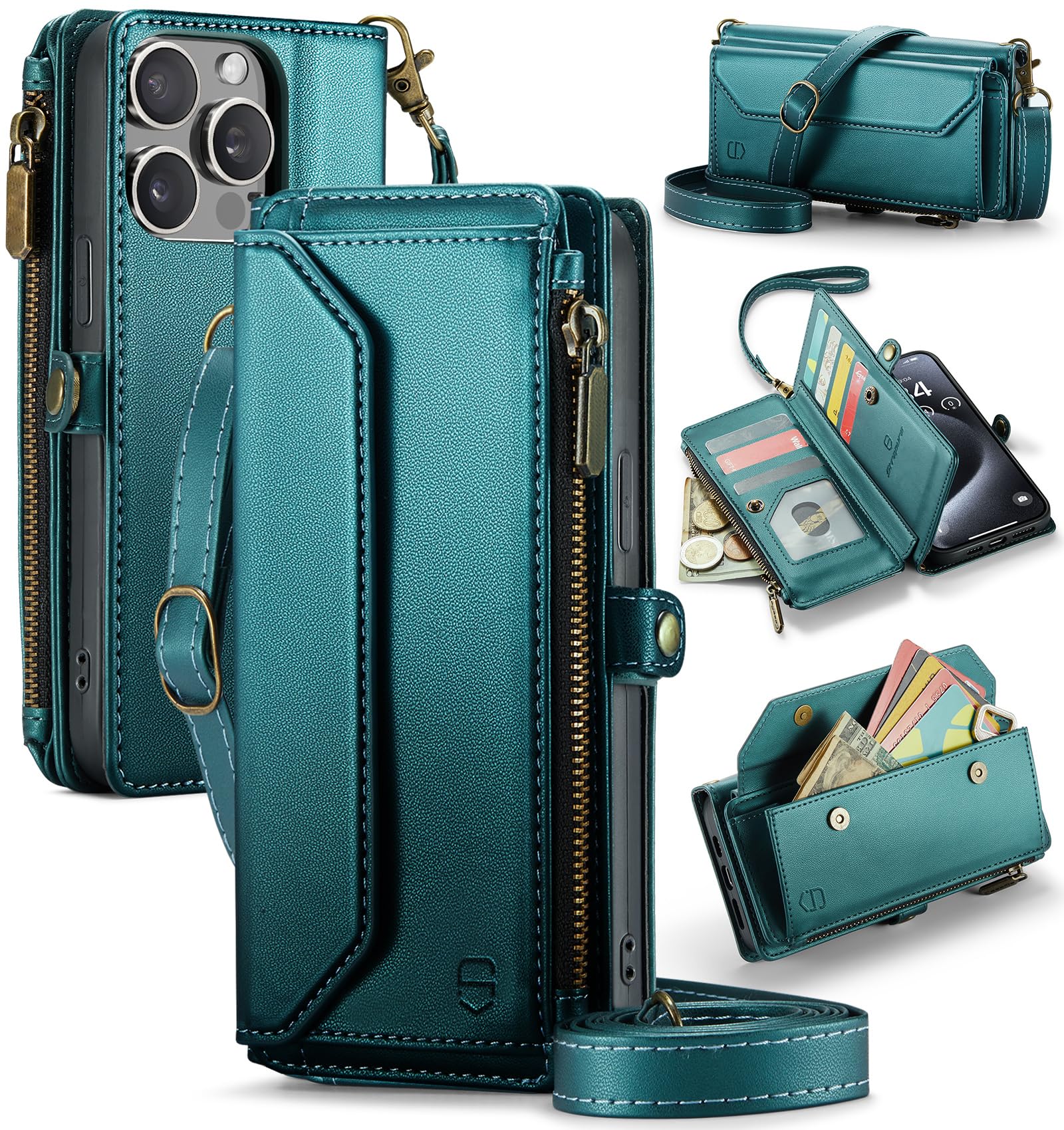 Photo 1 of Strapurs Wallet Case Compatible with iPhone 15 Pro Max RFID Blocking 10-Card Holder Soft PU Leather Magnetic Snap Shoulder Strap Zipper Pocket Phone Case Fit for iPhone 15 Pro Max 6.7" - Blue Green
