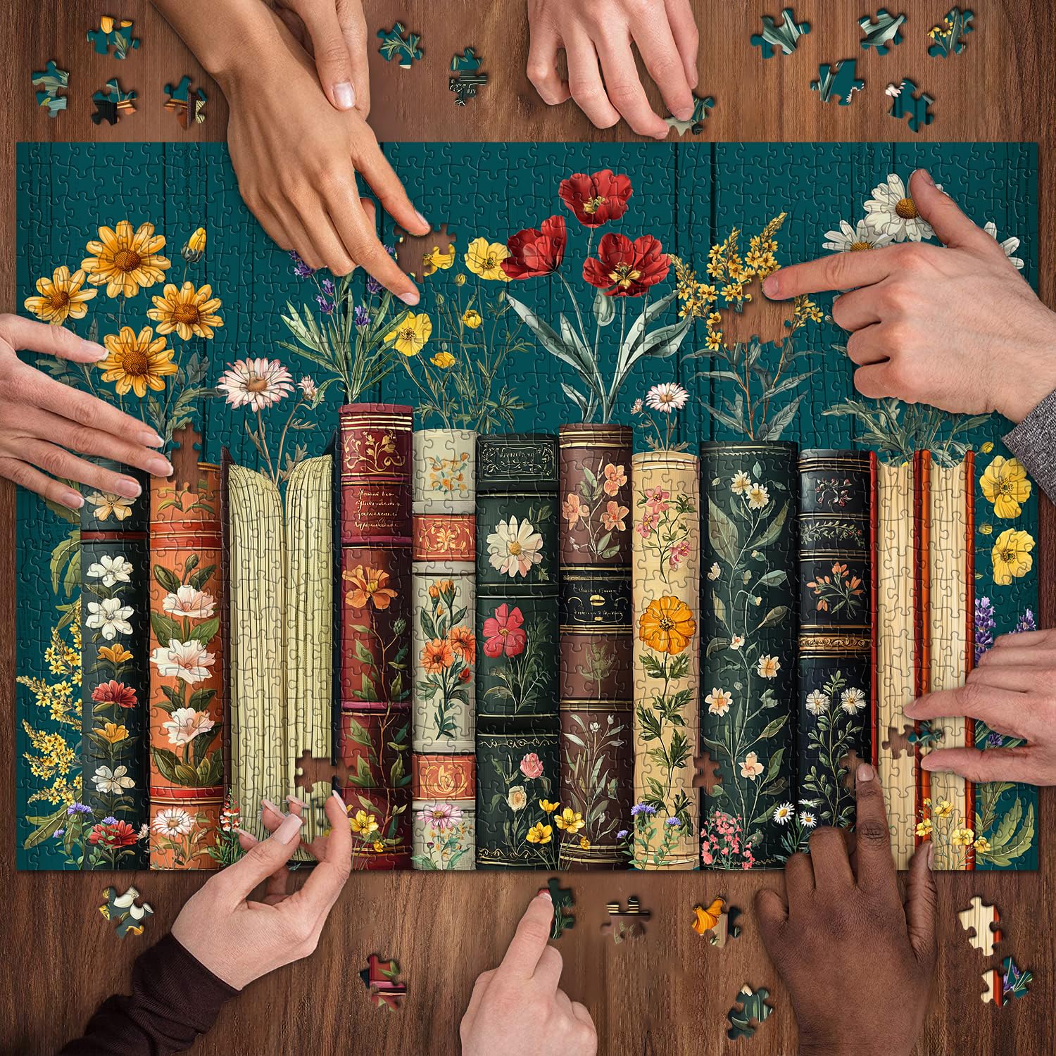 Vintage Wildflower Book Puzzles for Adults 1000 Pieces, Plant Floral Books Pages Jigsaw Puzzle, Retro Bookshelf Puzzles with Blossoming Wildflowers, Botanical Literary Theme Puzzle for Book Lovers