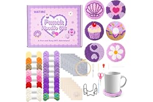 WATINC Christmas Punch Needle Coaster Kits - 23Pcs Easy Art Work Decor Craft Supply for Beginners, DIY Set of 6 Pattern Tufted Pads with Adhesive Felt Yarns Tools Instruction Customized Boxes (Purple)