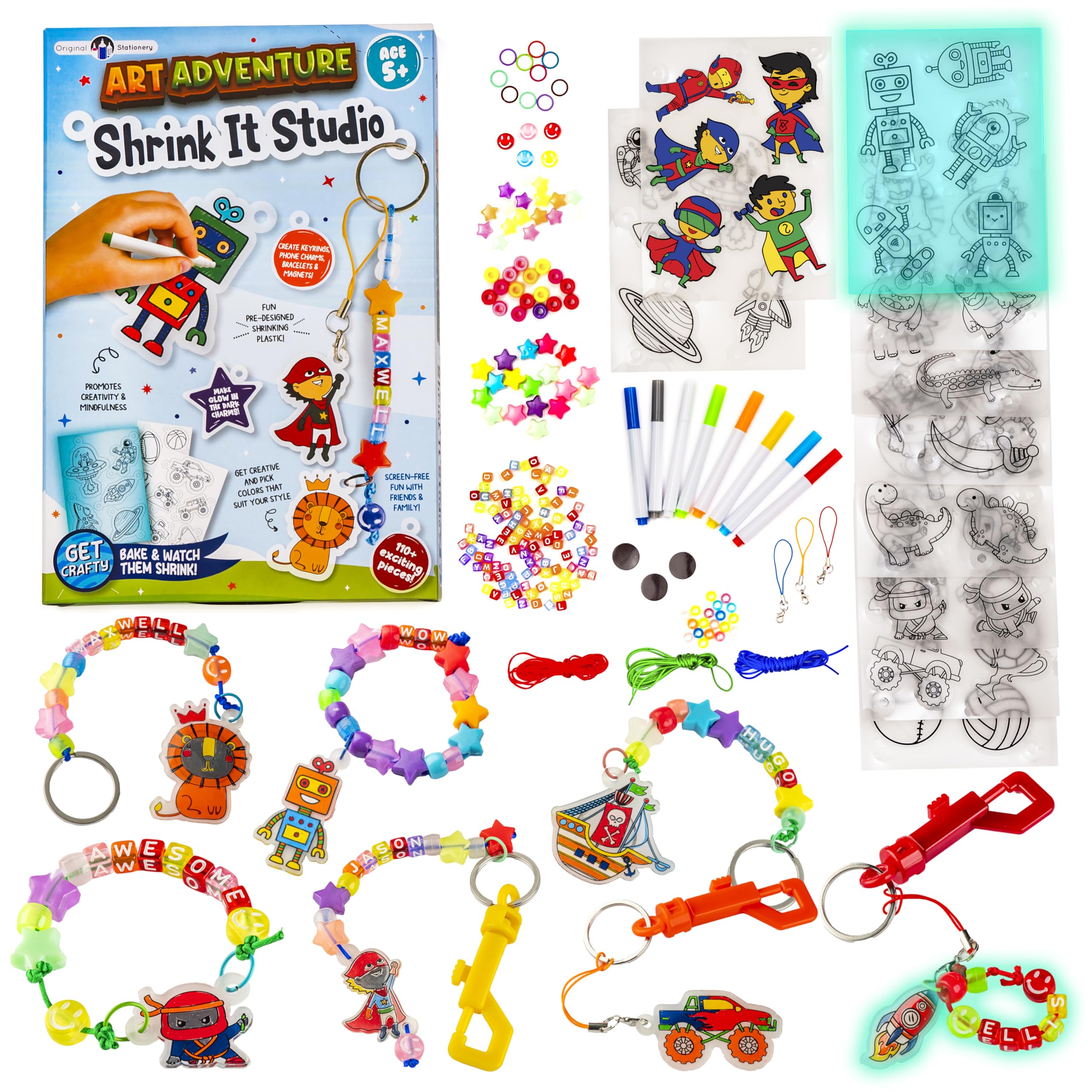 Original Stationery Art Adventure Shrink It Studio, Keychain Maker Kit for Boys to Make Awesome Charms with 110+ Pieces, Fun Shrink Art Kits for Kids