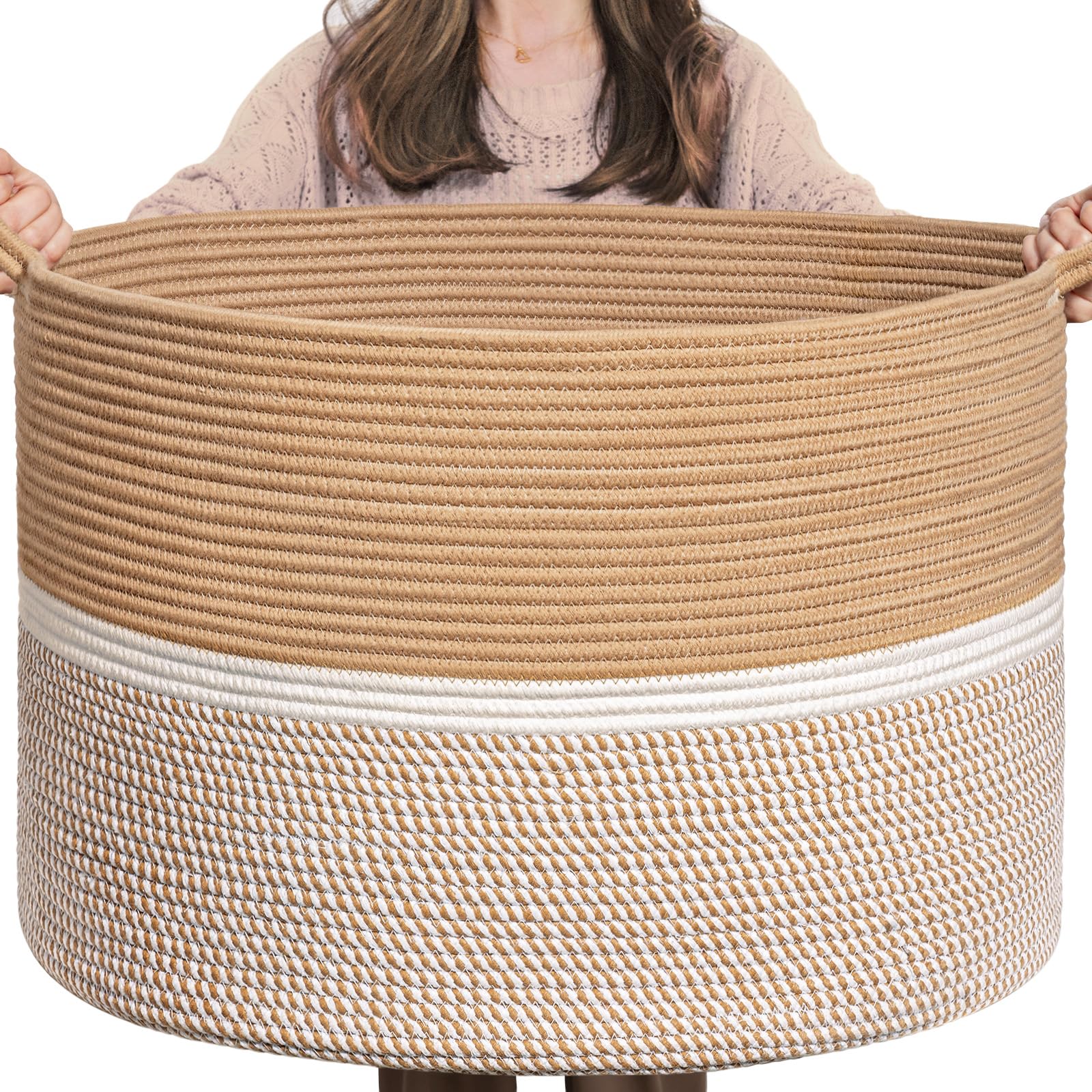 CHICVITA XXL Extra Large Cotton Rope Woven Basket, Throw Blanket Storage Basket with Handles, Decorative Clothes Hamper - 22