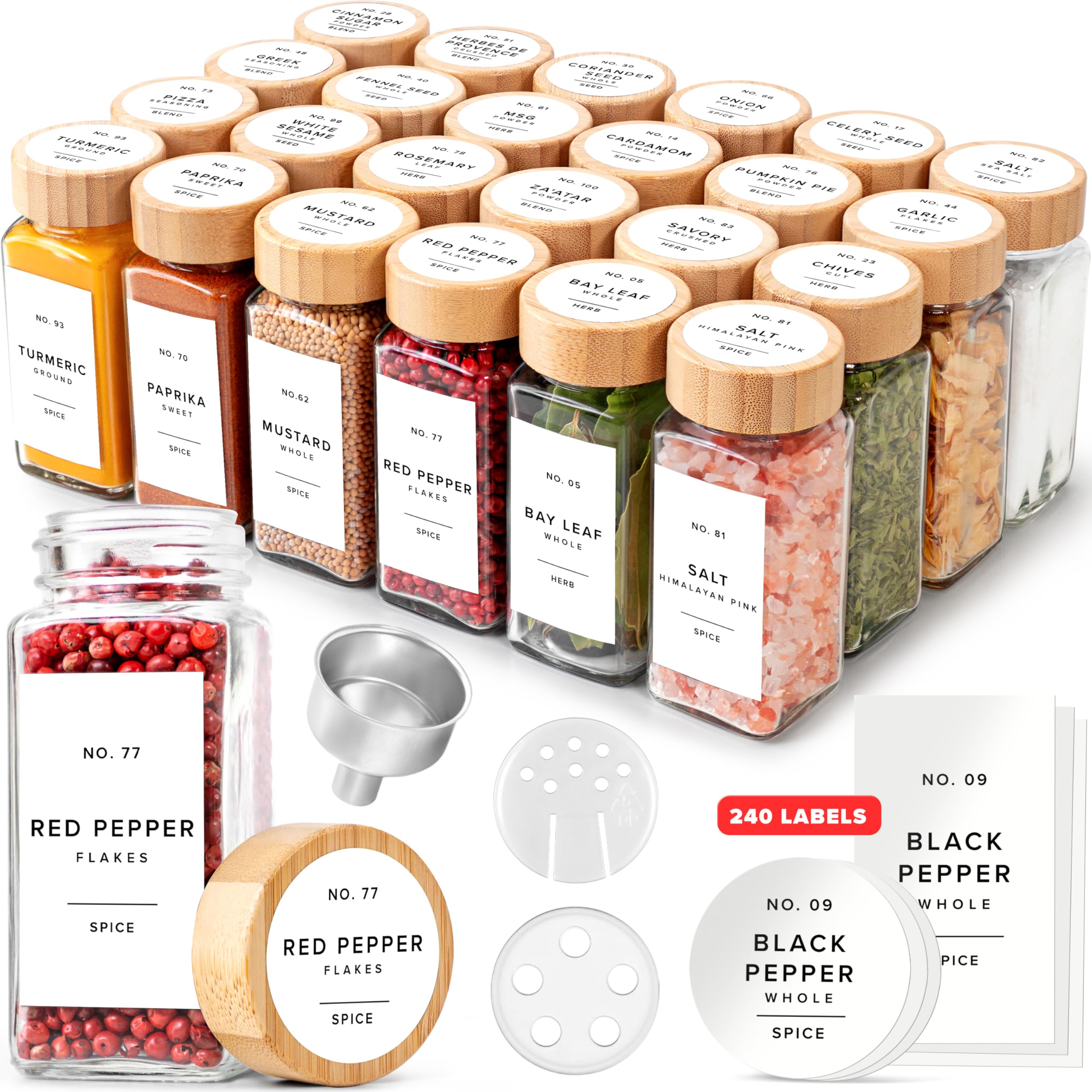 Photo 1 of EDELHAUS Square Spice Jars with Bamboo Wooden Lid (Pack of 24) Spice Jars with Shaker Insert and 240 Labels - Bamboo Lid Glass Container for Spice Organisation [4.3 in × 1.8 in]