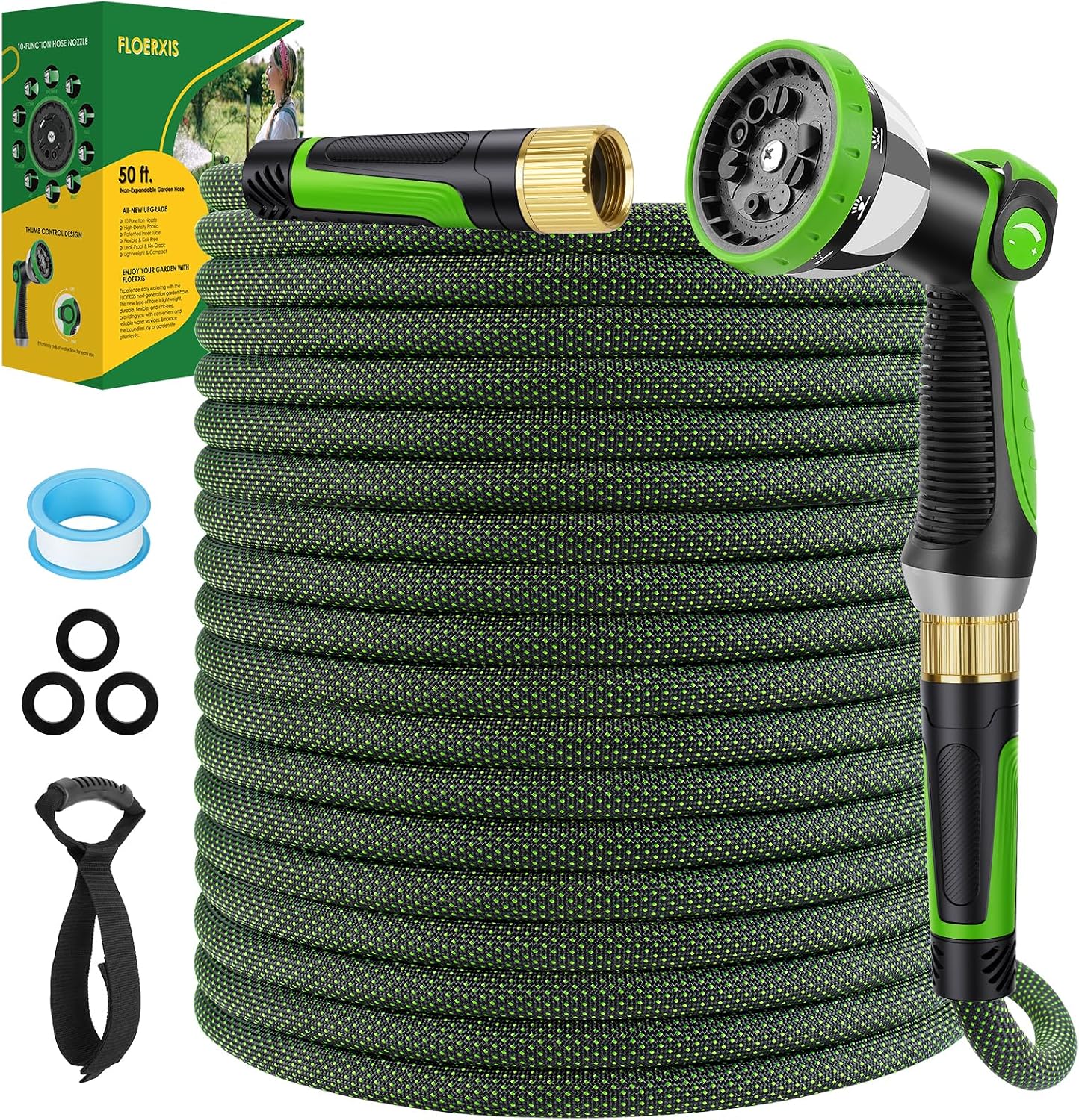 FLOERXIS Non-Expandable Garden Hose 50 FT, Lightweight Hose with 10 Function Spray Nozzle, Kink-Free Flexible Water Hose, Durable, Leak-Proof, 360° Swivel Connectors, Portable Storage Strap