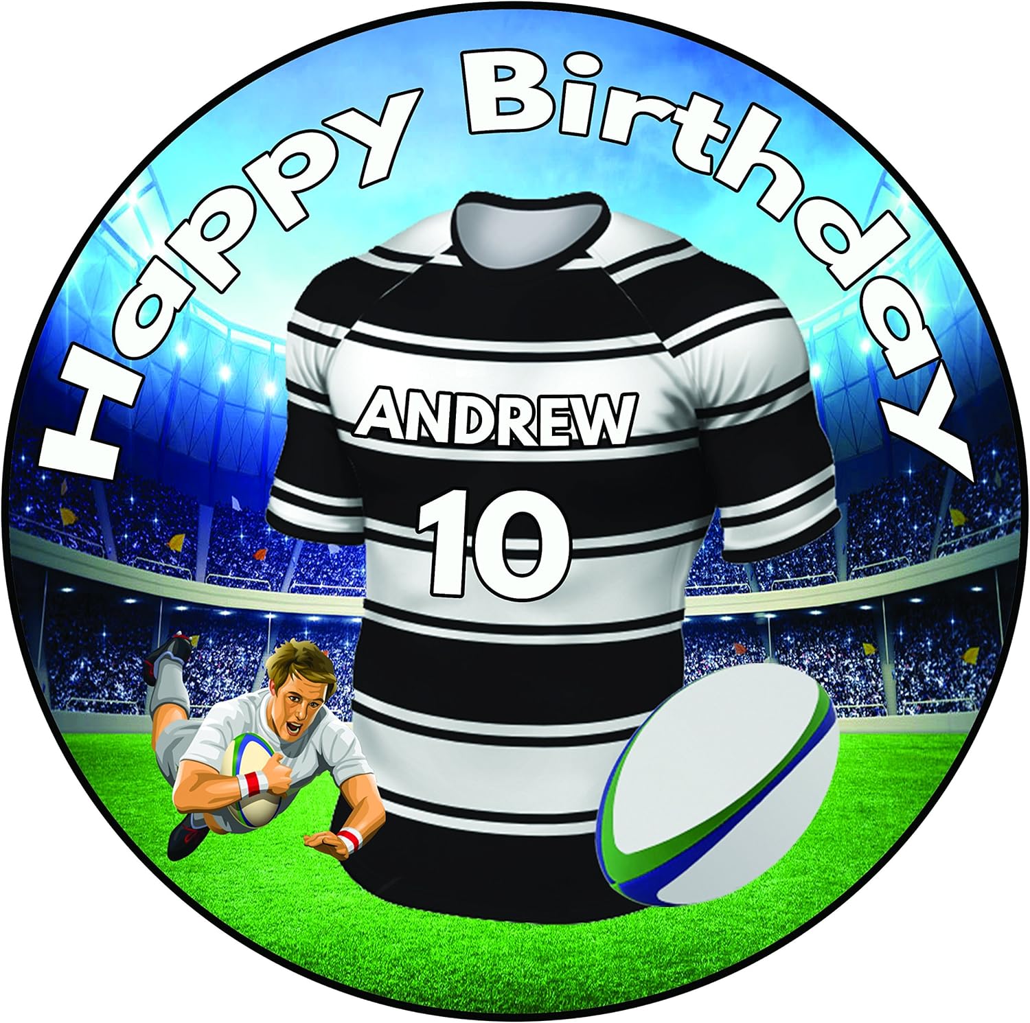 Personalised Rugby Shirt Birthday Cake Topper 8" (20cm) Icing Round