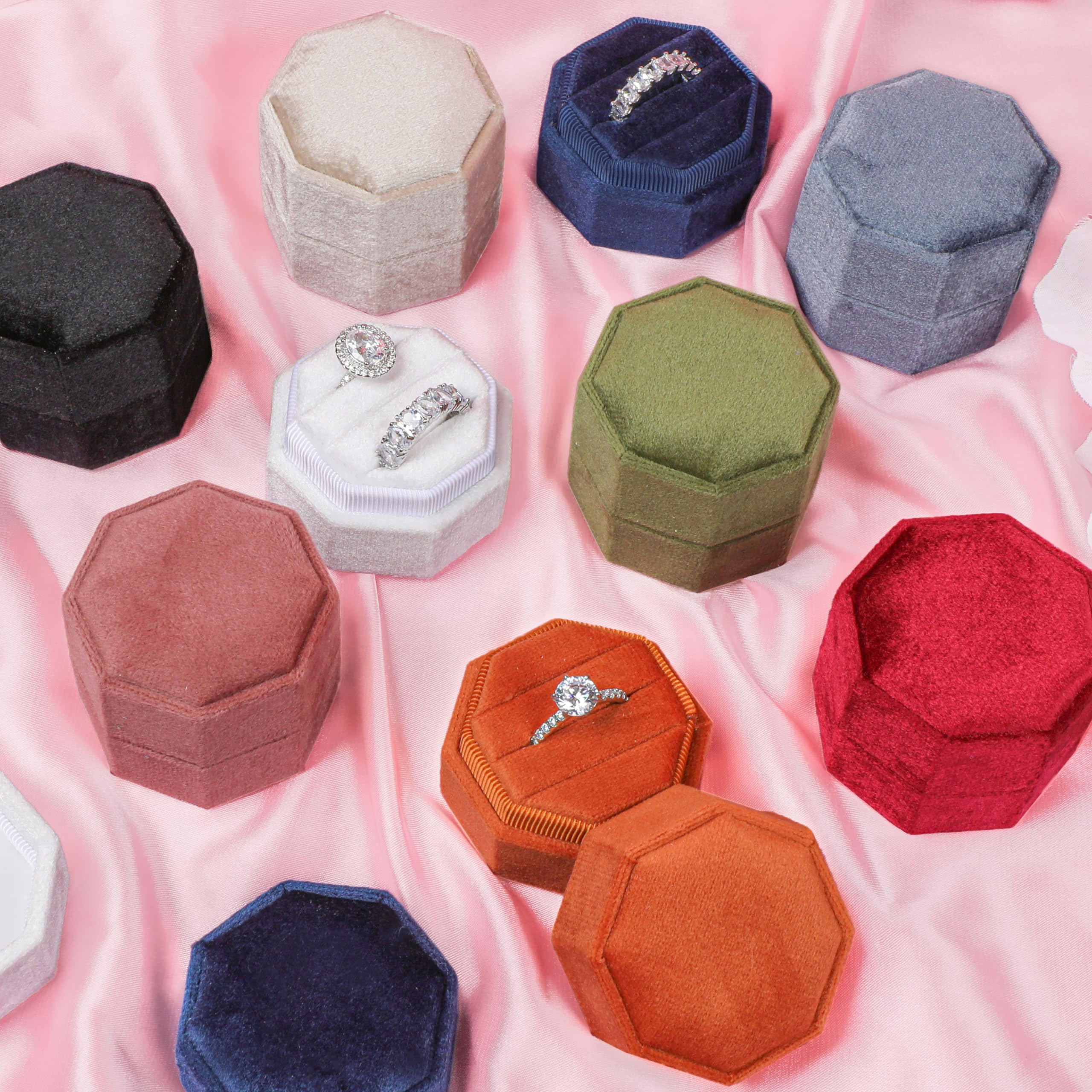 BLUTETE BLUTETE Velvet 3 Slots Jewelry Ring Box Engagement Wedding Box Keepsake Box Bridal Photo Ring Triple Slots Octagon (Champagne)