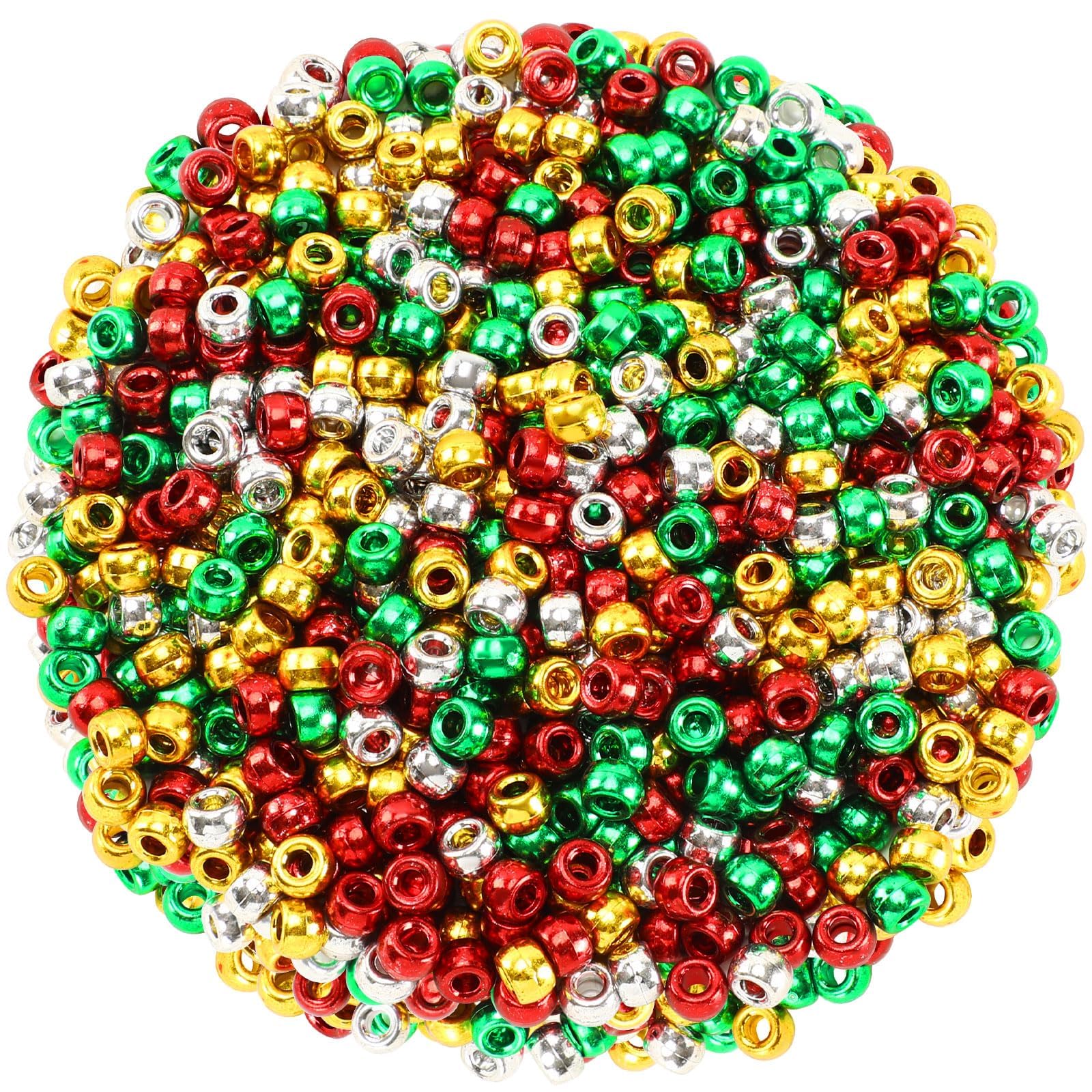 UPINS Christmas Metallic Pony Beads,1200Pcs Red Green Silver Gold Silver Plastic Craft Beads for Jewelry Making Christmas Necklace Bracelets Hair Beads DIY Crafts Hanging Ornament Supplies — image 1