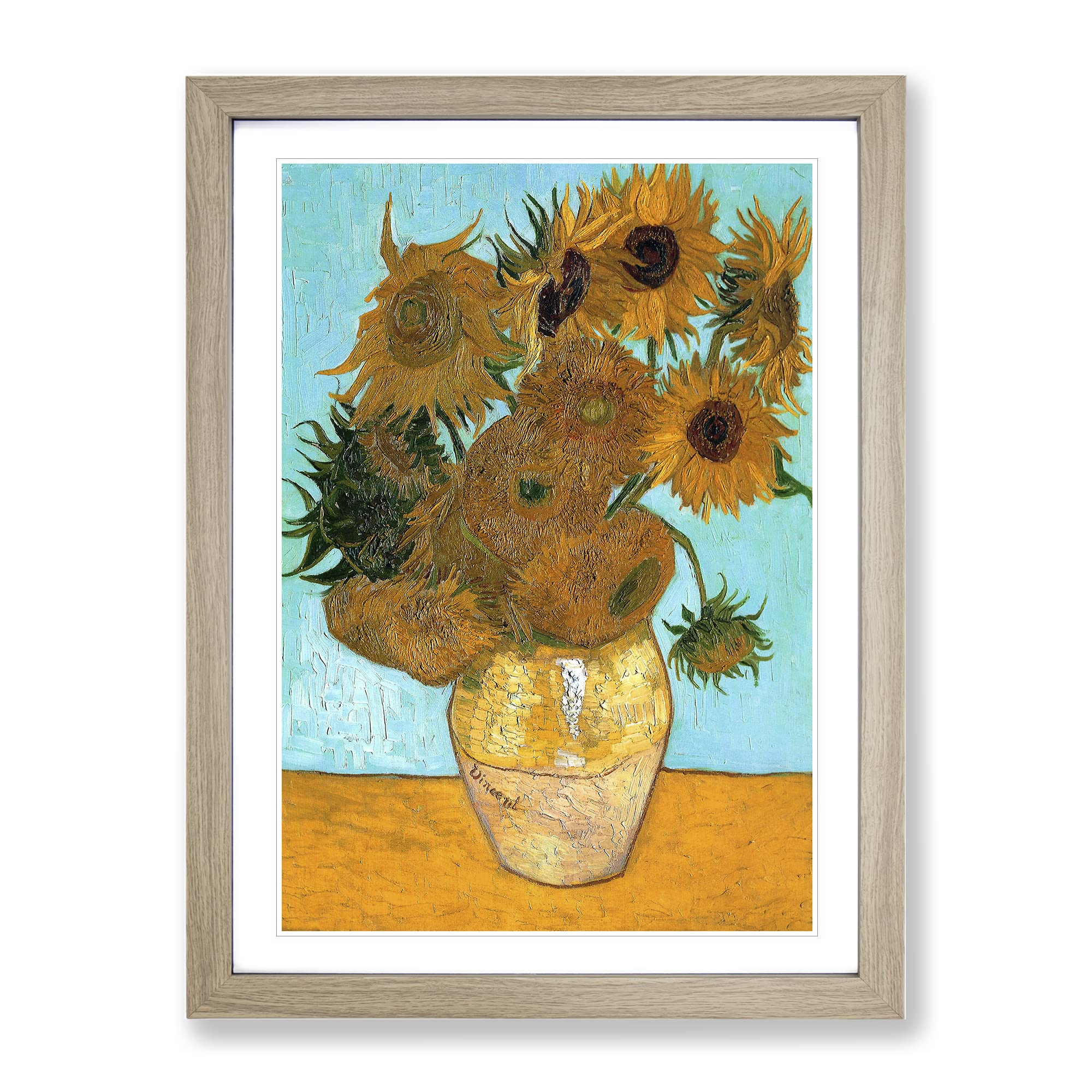 Twelve Sunflowers By Vincent Van Gogh Classic Painting Framed Wall Art Print, Ready to Hang Picture for Living Room Bedroom Home Office Décor, Oak A4 (34 x 25 cm)