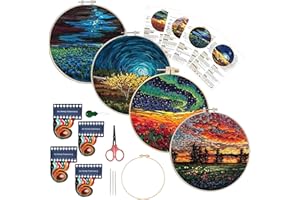 Maydear 4 Pack Embroidery Starter Kit with Pattern, Stamped Cross Stitch Kits for Beginners Adults with Embroidery Hoop and Instructions, Hand Embroidery Kit (Embroidery kit flower2)