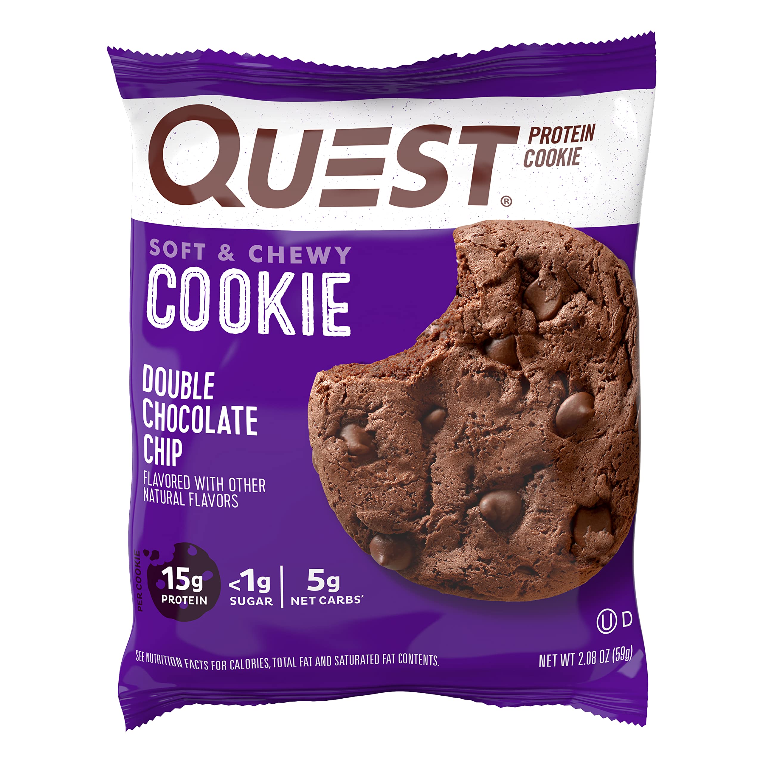 Quest Nutrition Double Chocolate Chip Protein Cookie, 15g Protein, 1g Sugar, 3g Net Carbs, Keto Friendly, High Protein, Low Carb; 4 Count