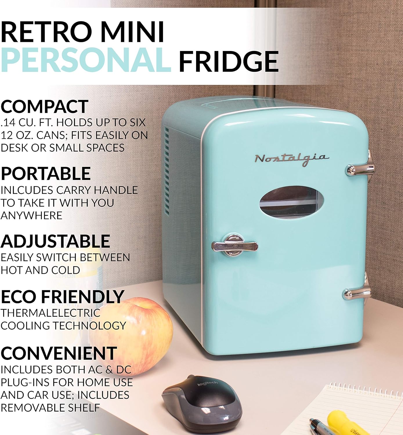 Nostalgia RF6RRAQ Retro 6-Can Personal Cooling and Heating Mini Refrigerator with Carry Handle for Home Office, Car, Boat or Dorm Room-Includes AC/DC Power Cords, Aqua: Kitchen & Dining