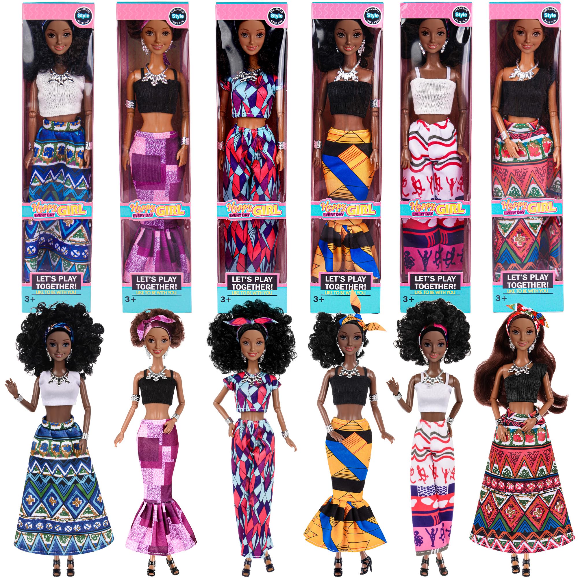 dollbie 6 Pack 11.5 inch African American Black Toy Doll Playset with Fashion Outfits Design and Accessories like Cronw Necklace Headsarf (Gift Box Package)
