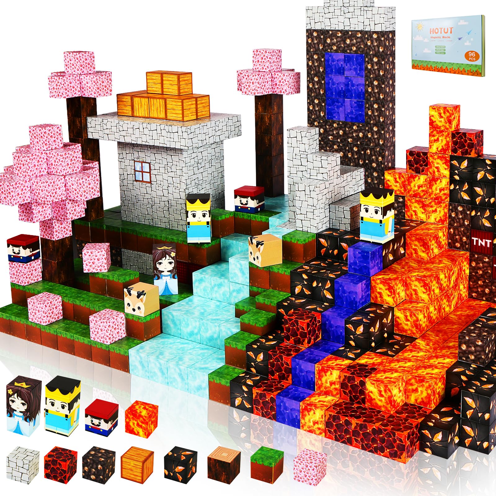 HOTUT Magnetiska byggstenar, 96 st magnetblock barnleksaker, STEM Montessori Set Bygg min magnetiska värld, magnetiska leksaker present till pojkar flickor 3+ år