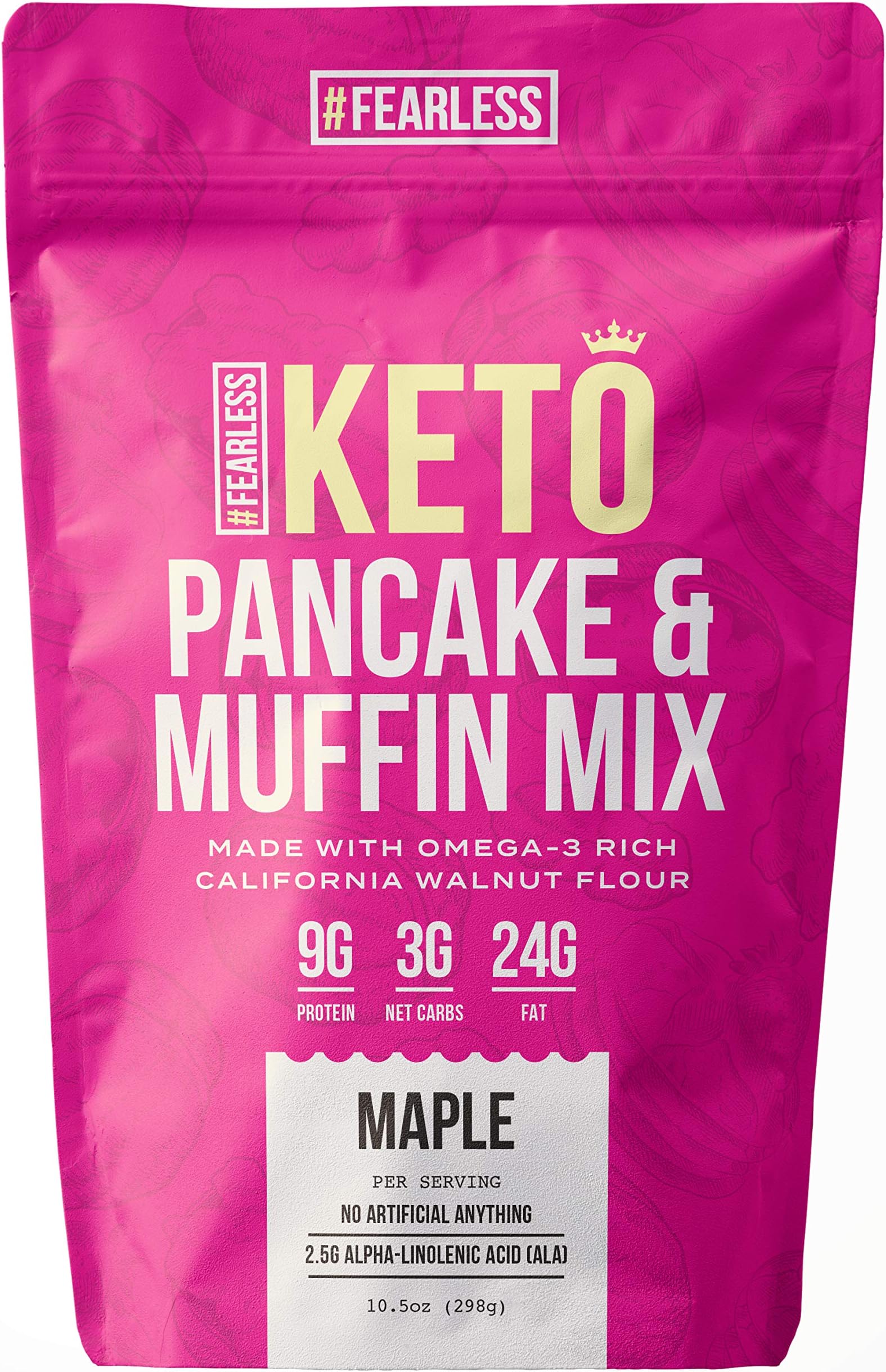 Fearless Keto Pancakes & Muffin Mix, 3g Net Carb, High Protein, Monk Fruit Sweetened, Prebiotic Pancake Mix, Made with Omega-3 Rich California Walnut Flour, 10.5 oz (Maple Flavor)