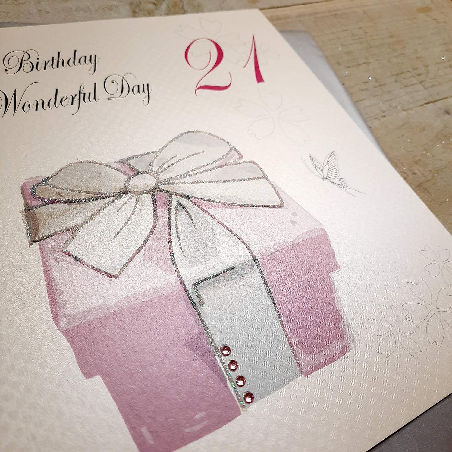 WHITE COTTON CARDS Happy Wonderfu Day, Handmade Large 21st Birthday Card (Pink Present), 22cm x 22cm - Image 4